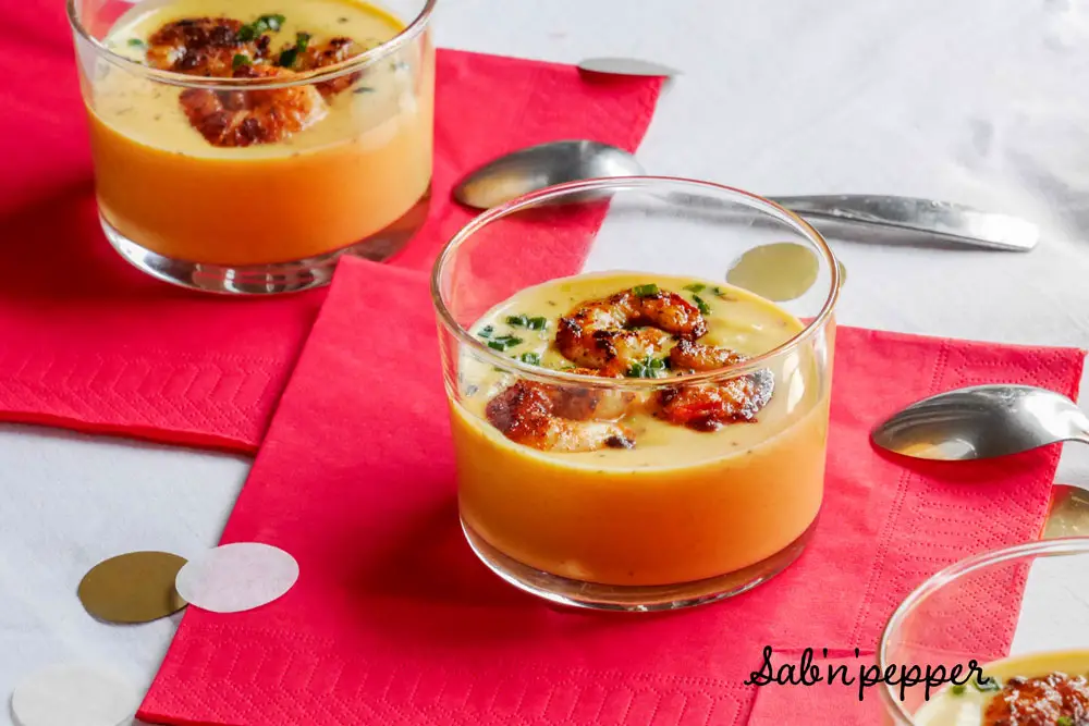 apéritif de Noel : crème de potiron et crevettes épicées #noel #crevettes #recette #recettedenoel