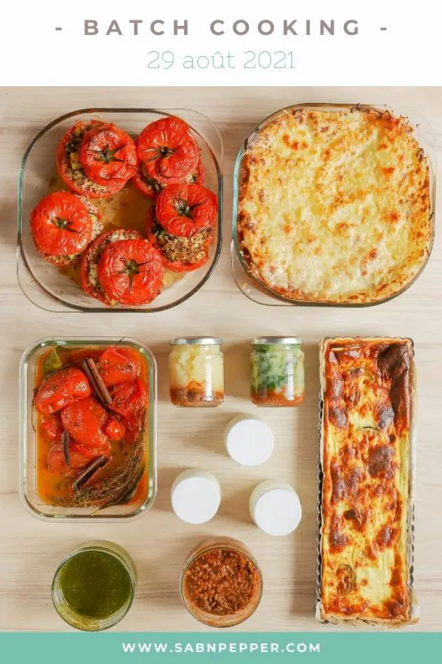 Batch cooking de rentrée avec des tomates farcies végétariennes, un tajine de tomates aux épices, un hachis parmentier et une quiche aux courgettes